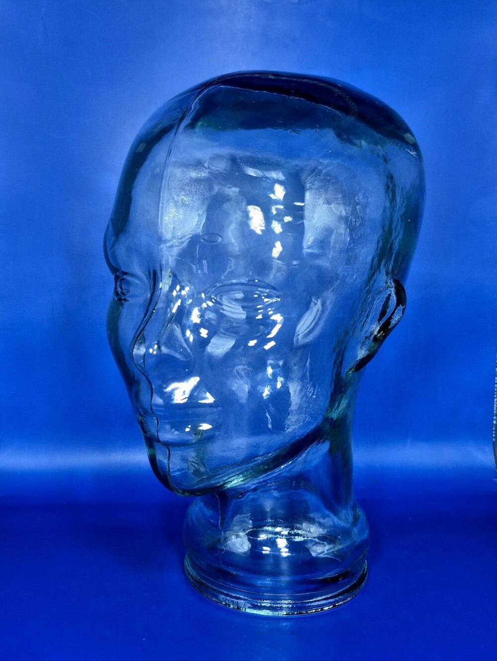 Vintage Glass Mannequin Head Display - Clear Blue Green Tint 11"